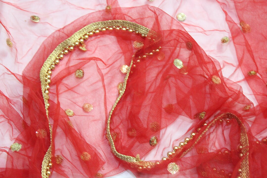 Red Net Dupatta With Golden Sequins Motifs Gold Border Net Dupatta ...