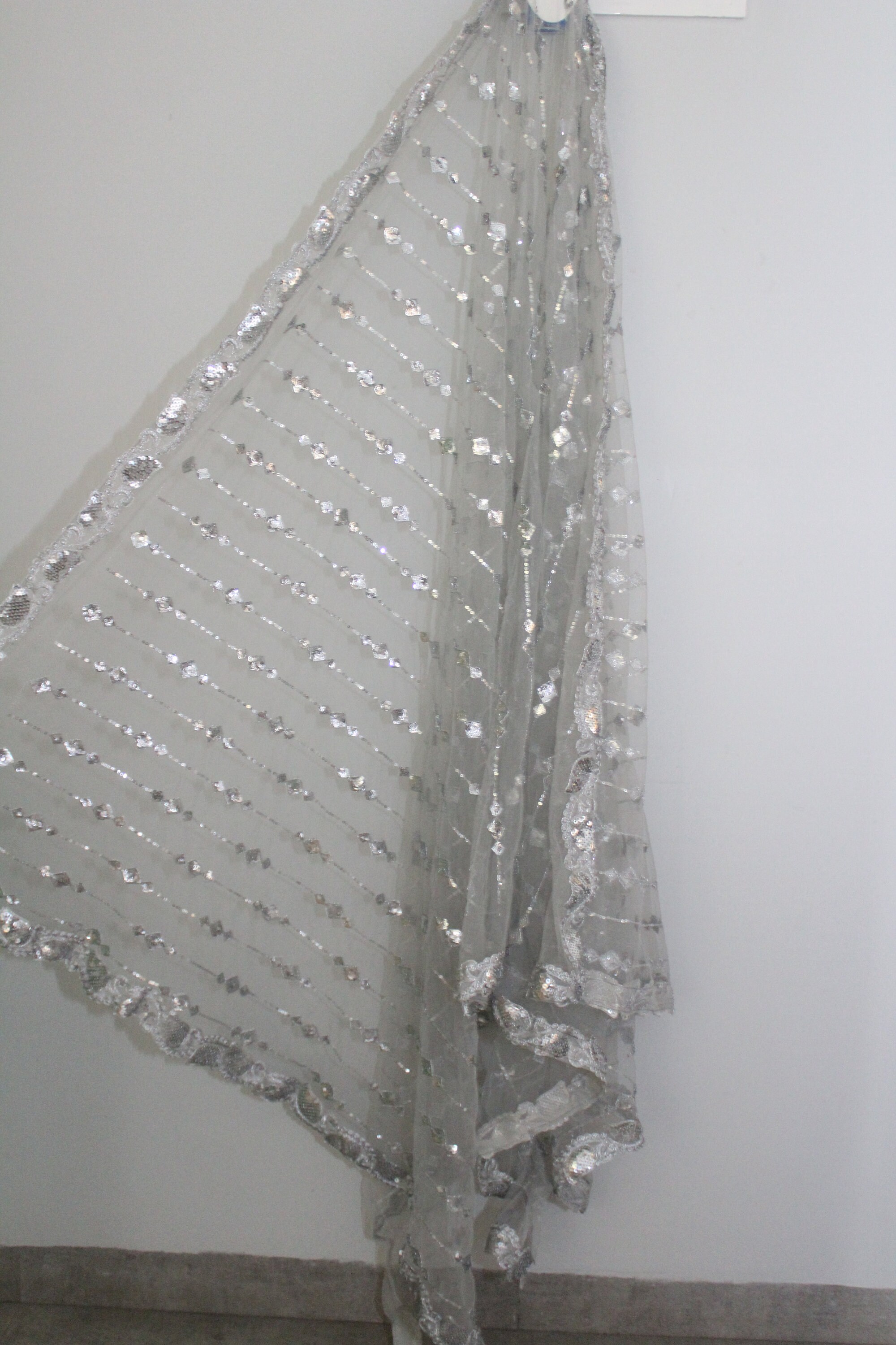 Silver Embroidery Dupatta Silver sequins dupatta Grey Etsy