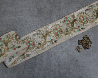 Indian Mandala Embroidery Trim, Floral embroidered lace, Wide Fabric Border, Silk lace, Seqins Beaded Ribbon, Teal Pink Embroidery Trim