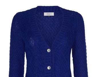 Women's Blue Cable Knit Cardigan, Baby Alpaca, Winter Fashion, Handknit Cardigan, Stylish Outerwear