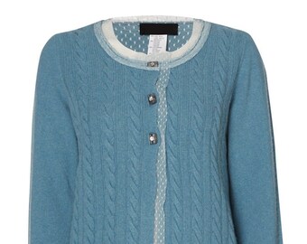 Elegant Blue Cable Knit Cardigan with Lace Trim, Diamante Button, Women's Knitted Jacket