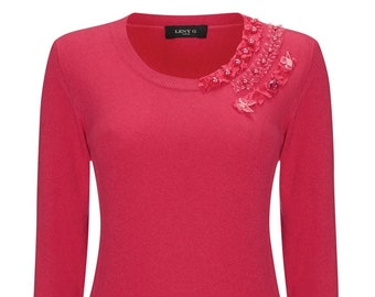 Embellished Pink Wool Jumper, Stylish Sweater, Merino Knitwear, Women's Winter Fashion