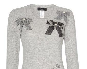 Grey Patchwork Merino Wool Jumper, Bow Detail, Knitwear, Warm Winter Sweater, Cozy Gift, Fashionable