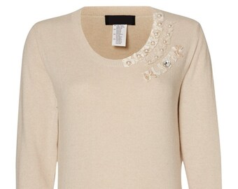 Women's Cream Jumper, Merino Wool Sweater, Embellished Winter Knit, Stylish Warm Top