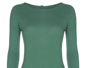 Boat Neck Green Cashmere Jumper, Cozy Winter Knitwear, Soft Pullover, Knitted Sweater, Front pocket jumper