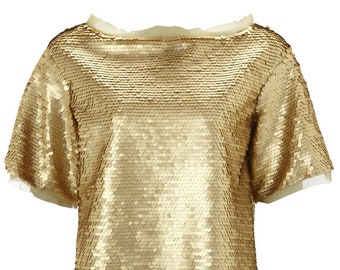 Gold Sequin Top, Sparkly Party Blouse, Glitter Evening Shirt, Shiny Night Out Wear, Festive Glamour