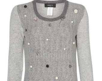 Embellished Wool Jumper, Grey Herringbone Merino Knitwear, Handcrafted Sweater, Winter Fashion