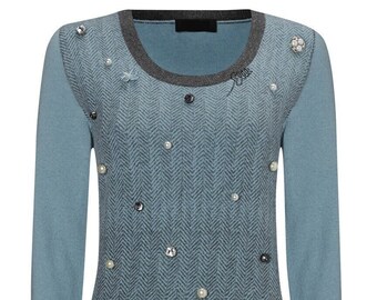 Blue embellished herringbone merino wool jumper