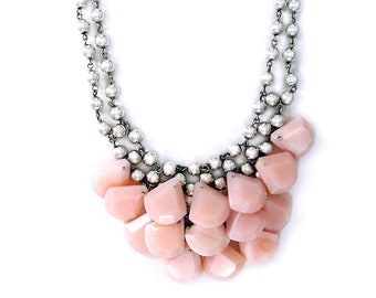 Rose Quartz Stone and Silver Beads Drop Necklace, Gift for Her, Statement Piece, Special Occasion Jewellery