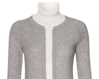 Cream and Grey Contrast Roller Neck Jumper, Women's Wool Sweater, Stylish Knitwear,