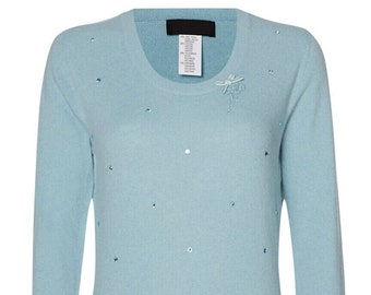Blue Merino Wool Jumper, Diamanté Embellished, Knitted Sweater, Women's Winter Fashion