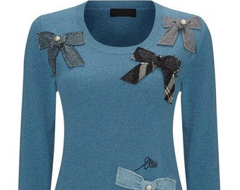 Merino Wool Jumper with Bow Patchwork, Blue Knitted Sweater, Stylish Women's Jumper