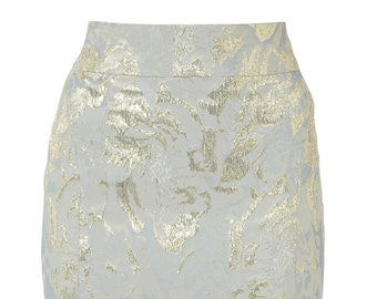 Blue and Gold Jacquard Pencil Skirt, Metallic Thread Detail, Classy Formal Wear, Elegant Skirt, Women's Fashion