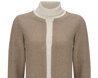 Cream and Brown Contrast Polo Neck Jumper, Women's Wool Sweater, Stylish Knitwear,