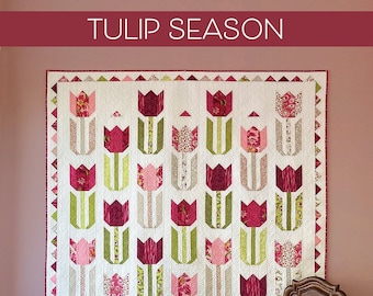 TULIP SEASON デジタル PDF ダウンロード キルト パターン、ロビン ピケンズ、ひざ掛け、壁掛け、ラージ (ダブルまたはクイーン)