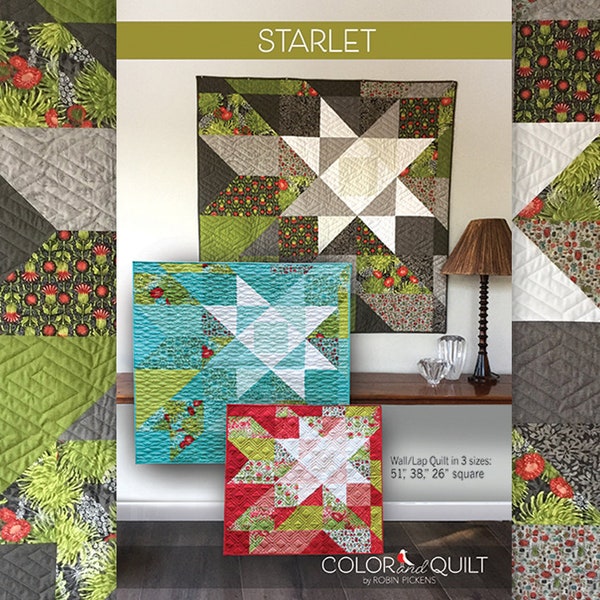 Quilt Pattern of Starlet (digital downloadable PDF) by Robin Pickens in 3 sizes for wall or lap quilts 51", 38" or 26" square"