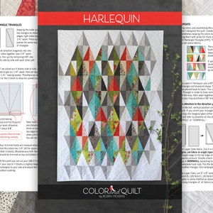 May include: A quilting pattern called "Harlequin" by Robin Pickens. The pattern features a colourful quilt with a geometric design of triangles in shades of red, green, blue, grey, and white. The pattern is designed to be sewn together using a 45-degree angle.