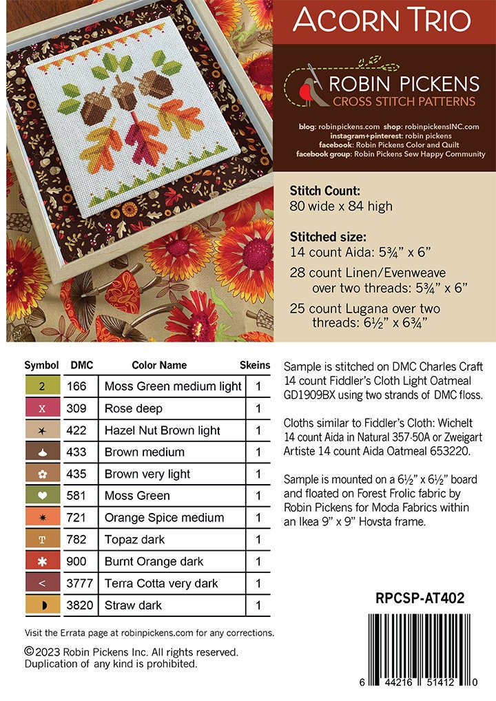 Acorn Trio Cross Stitch Pattern PDF in Fall Colors From Robin Pickens ...
