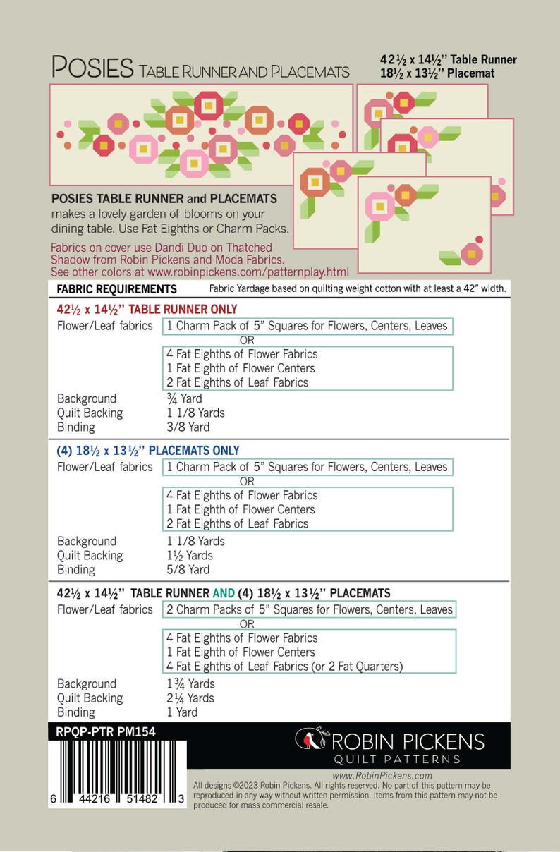 Posies Table Runner and Placemats Quilt Pattern by Robin Pickens ...