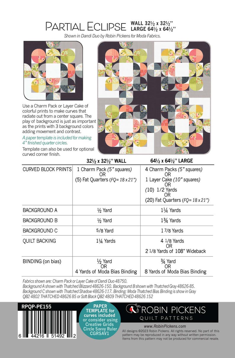 Peut inclure: Un patron de quilt intitul&eacute; "Partial Eclipse" avec deux exemples de motifs de quilt. La taille murale est de 82.5 x 82.5 cm, et la grande taille est de 163.8 x 163.8 cm. Le patron comprend des instructions pour les blocs courbes et les exigences en tissu.