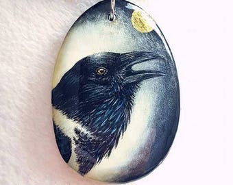 Miniature painting, trailer Raven, Crow, magpie, hand painted on wood