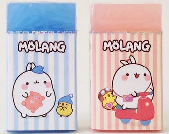 Molang podgy potato rabbit and Piu Piu baby chick cute kawaii kitsch rubbers erasers