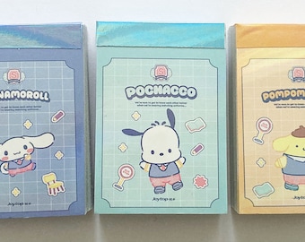 Sanrio puppers Pompompurin Pochacco Cinnamoroll cute kawaii kitsch stickers in a book