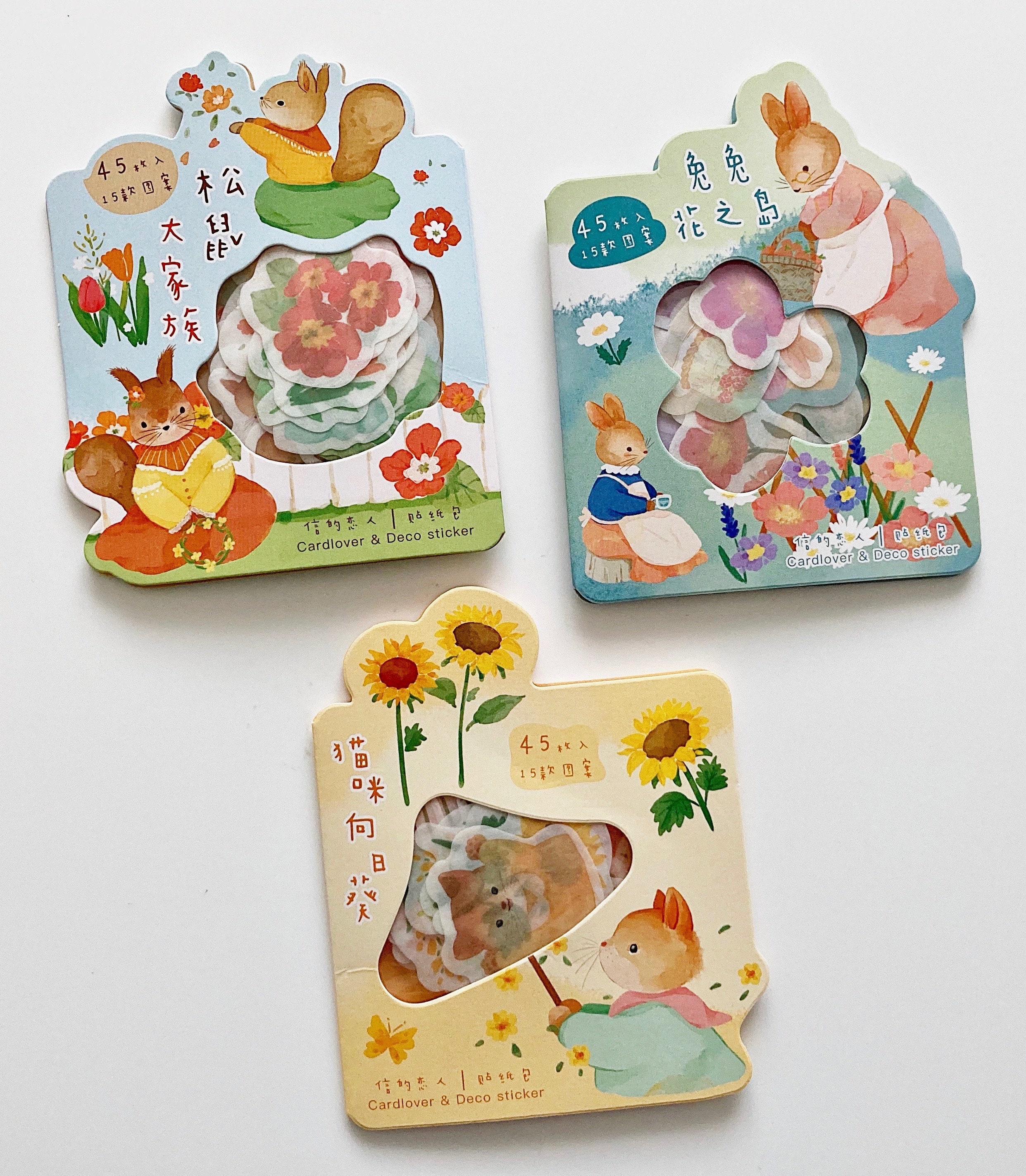 Flower Garden cat bunny squirrel soft drawn cute kawaii delicate washi paper stickers