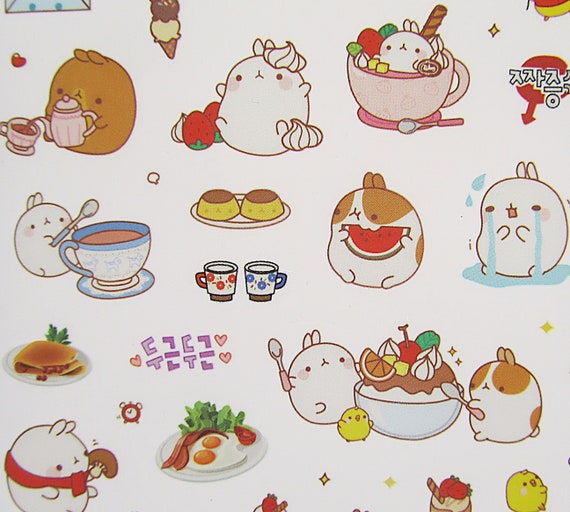 Molang /'Soft Colour/' podgy potato rabbit cute kawaii kitsch 6 sheet sticker set