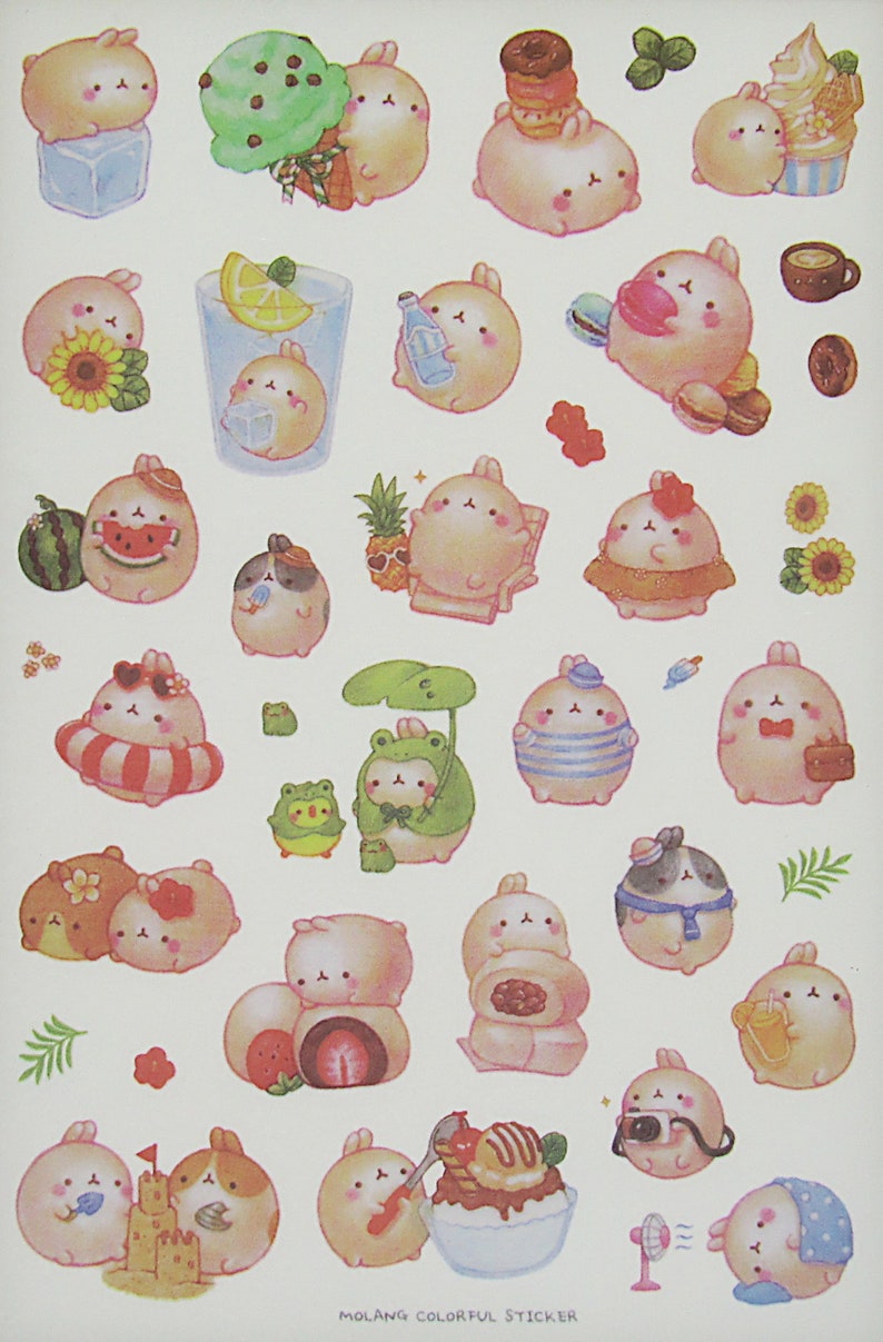 Molang /'Soft Colour/' podgy potato rabbit cute kawaii kitsch 6 sheet sticker set