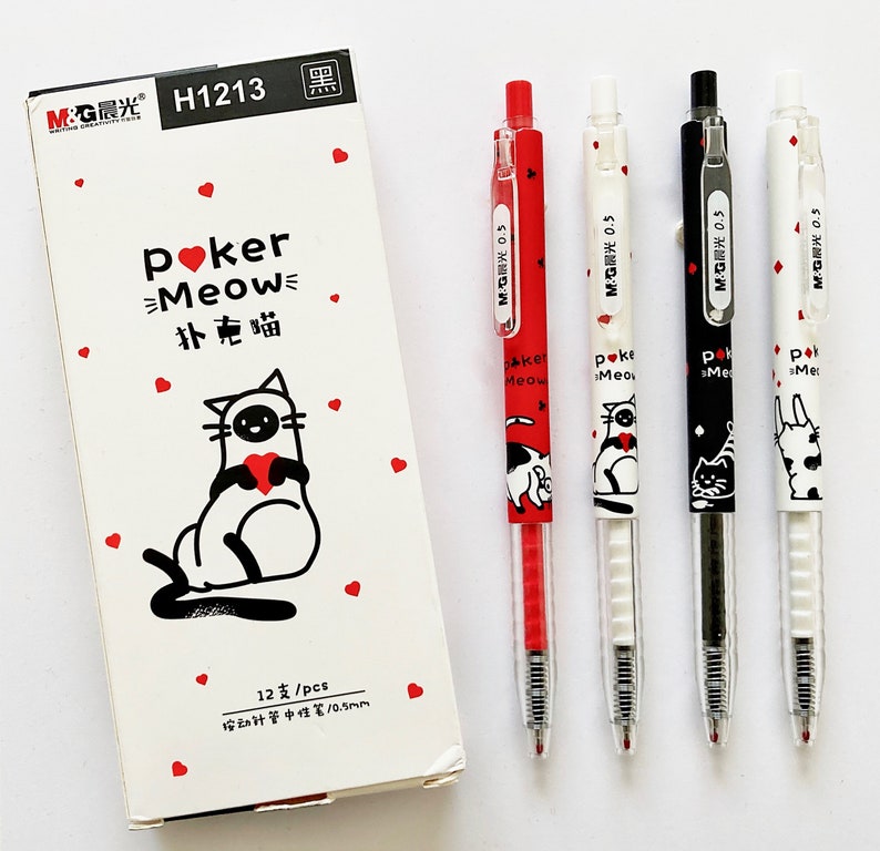 Red, black and white illustrated cat gel pens