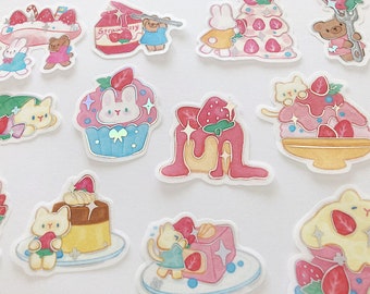 Cat bunny bear strawberry cute kawaii washi stickers with holographic detailing