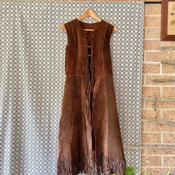 Vintage 70s Suede Fringed Long Waistcoat, Chocolate Brown, ‘Formica’ Italy, Festival, size AU 8-10, Front Ties, Mid-Calf