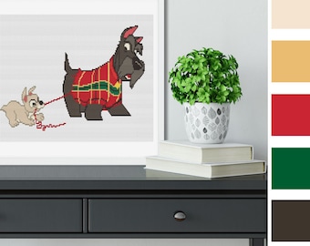 May include: Cross-stitch pattern featuring two dogs, one wearing a red and green plaid sweater. The larger dog is a black Scottish Terrier and the smaller dog is a white terrier. The smaller dog is pulling a red string attached to the larger dog's collar.
