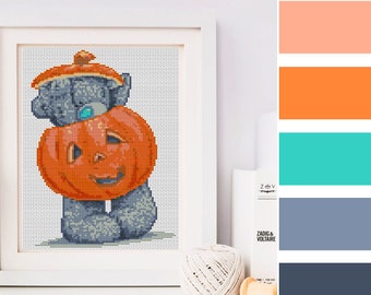 Patrón de punto de cruz de calabaza de osito de peluche de Halloween (PDF), decoración infantil bordada, gráfico de punto de cruz con animales, descarga instantánea