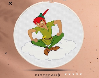 ピーターパンのクロスステッチパターン PDF、刺繍チャート 保育園の壁飾り、ネバーランドボーイの簡単なクロスステッチチャート、即時ダウンロード