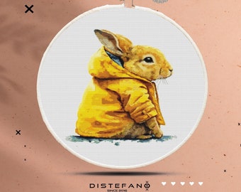 CUTE RABBIT Cross Stitch Pattern PDF, Modern Embroidery Chart, Animal Rabbit Yellow Rain Coat Counted Cross Stitch Chart,Instant Download