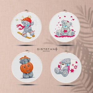 TEDDYBEER Cross Stitch patroon PDF Set van 4, Pompoen Halloween, Winter Ski, Sleepy Bear, Hearts Cross Stitch Moderne Grafiek, Instant Download