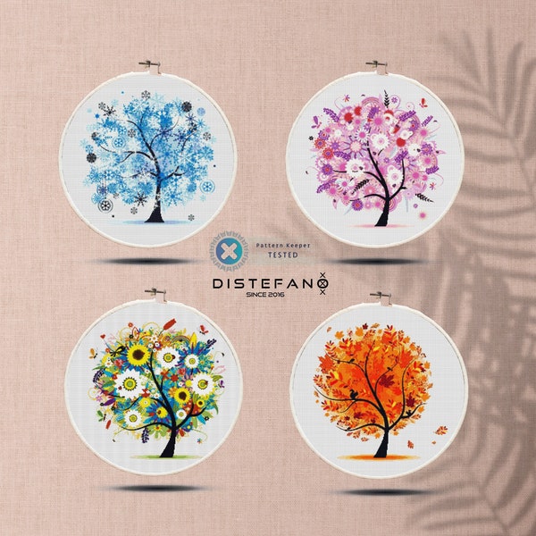 TREE Cross Stitch Pattern PDF Set, Four Seasons Tree, Winter, Spring, Summer, Fall Embroidery Cross Stitch Chart Cute Wall Decor, Download