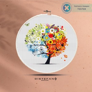 FOUR SEASONS Tree schema punto croce PDF, schema ricamo grazioso decorazione da parete, schema punto croce natura colorata, download immediato