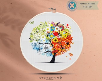 FOUR SEASONS Tree Cross Stitch Pattern PDF, Embroidery Chart Cute Wall Decor, Colorful Nature Counted Cross Stitch Chart, Instant Download