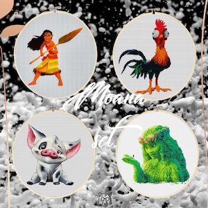 Moana Set Cross Stitch Pattern PDF, Pua, Chicken Heihei, Te Fiti Embroidery, Maui Tribal Animal Counted Cross Stitch Chart, Instant Download