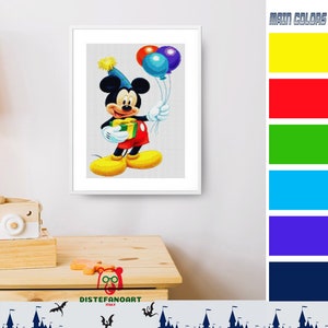 MICKEY MOUSE With Balloons Cross Stitch Pattern PDF, Embroidery Nursery Decor, Baby Birthday Counted Cross Stitch Chart, Instant Download