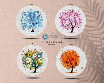 TREE Cross Stitch Pattern PDF Set, Four Seasons Tree Bundle, Winter, Spring, Summer, Fall Embroidery Cross Stitch Chart Cute Wall Decor,