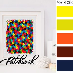 May include: A framed abstract art print with a patchwork design featuring a variety of colors, including red, yellow, blue, green, and black. The print is titled "Patchwork".