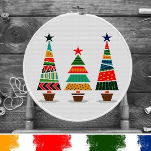 CHRISTMAS TREES Cross Stitch Pattern PDF Modern Embroidery Geometric Decor Winter Mosaic Puzzles Counted Cross Stitch Chart Instant Download