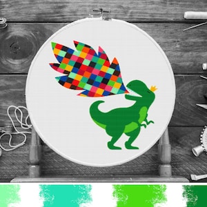 T-Rex Dinosaur Geometric Cross Stitch Pattern, Dinosaur Embroidery Design, Tea Rex Counted Cross Stitch Chart, Colorful Design PDF Download
