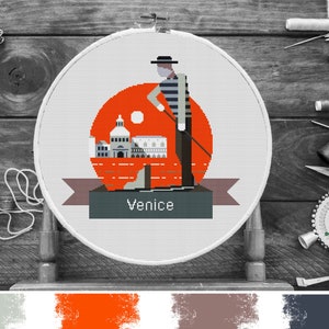 ITALY VENICE Cross Stitch Pattern PDF, Modern Embroidery Italy Gondola Saint Marco Counted Cross Stitch Chart, Wall Decor, Instant Download