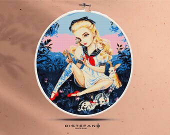 ALICE im Wunderland, Kreuzstich Muster, Stickbild Lehrtafel, weißes Kaninchen, Prinzessin Mädchen Zählbild, Instant Download