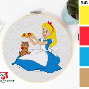 ALICE In WONDERLAND Cross Stitch Pattern PDF, Embroidery Chart, Wall Decor, Tea Cartoon Girl Counted Cross Stitch Chart, Instant Download